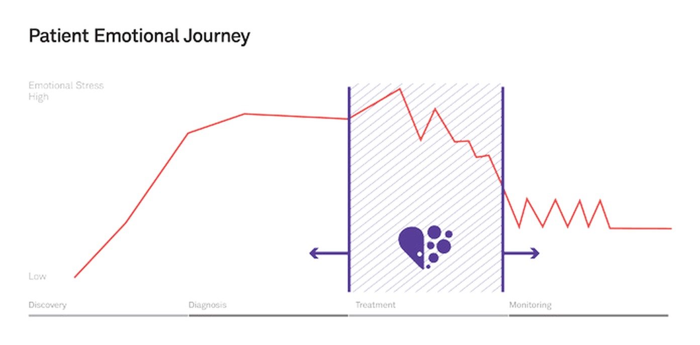 Patient emotional journey chart: emotional stress rises steeply from discovery through diagnosis, peaks during treatment, and fluctuates during monitoring