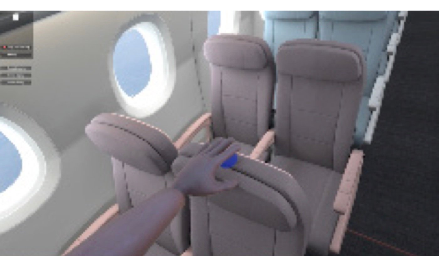 First-person VR view of a hand reaching toward an airplane cabin seat