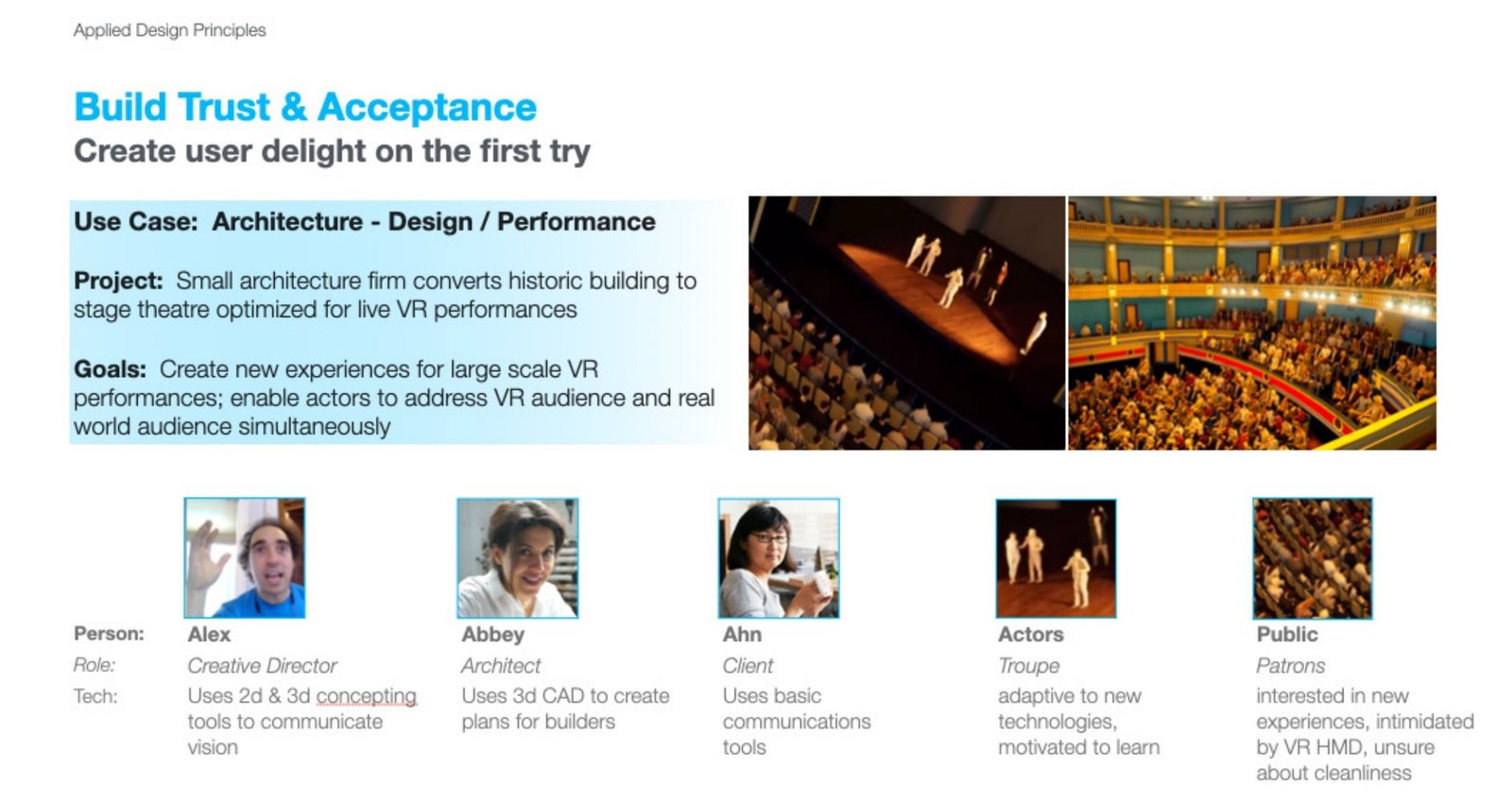 Persona slide &lsquo;Build Trust & Acceptance&rsquo;: an architecture firm converting a historic building into a theatre for live VR performances, with personas Alex, Abbey, Ahn, actors, and the public