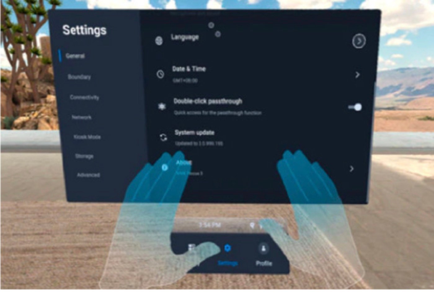 First-person VR view of hands using gestural controls on a settings panel