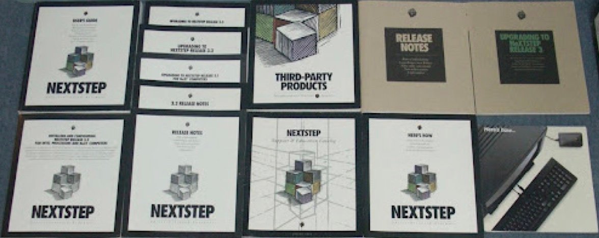 NeXTSTEP user guides, release notes, and support catalogs laid out together